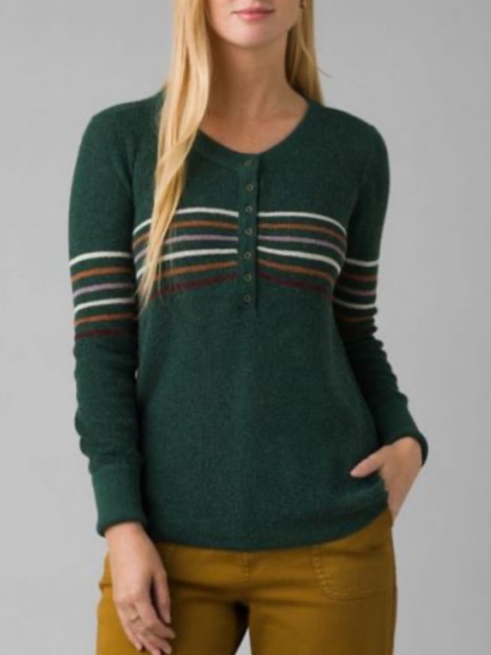 Prana Women's Milani Henley Forest Green Striped Henley Sweater Size L